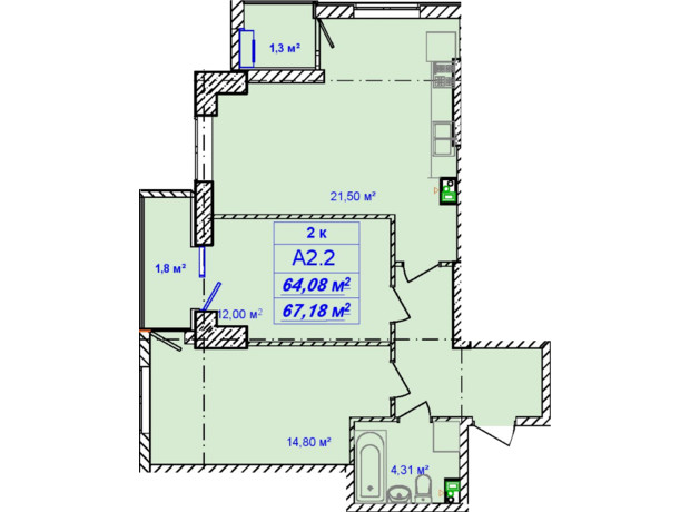 ЖК Кімолос: планування 2-кімнатної квартири 66.07 м²