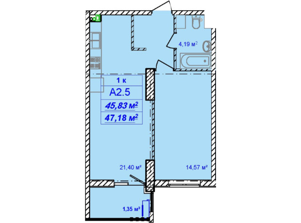 ЖК Кимолос: планировка 1-комнатной квартиры 47.18 м²