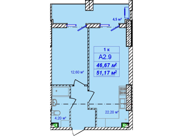 ЖК Кимолос: планировка 1-комнатной квартиры 51.17 м²