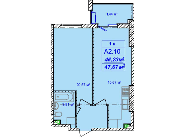 ЖК Кимолос: планировка 1-комнатной квартиры 47.67 м²