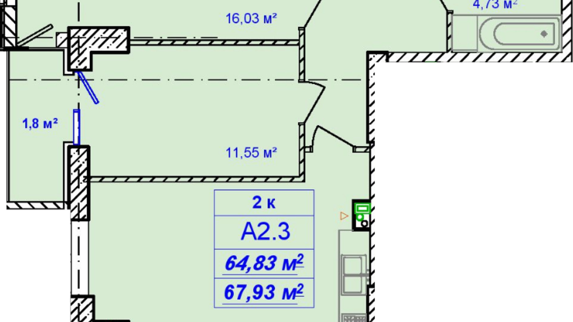 Планування 2-кімнатної квартири в ЖК Кімолос 66.48 м², фото 607619