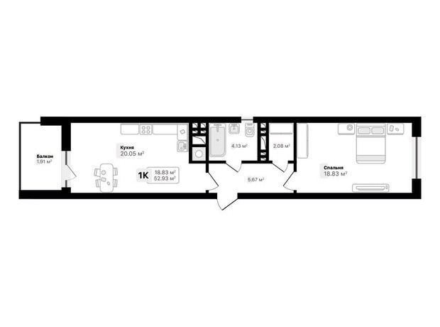 ЖК Auroom Spark: планировка 1-комнатной квартиры 52.91 м²