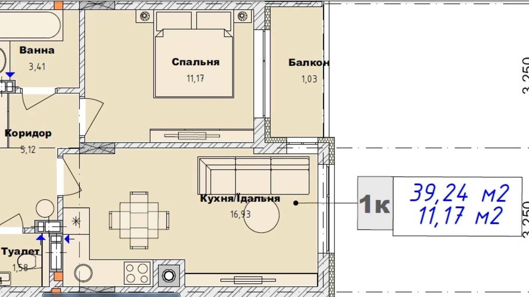 Планування 1-кімнатної квартири в ЖК Art29 39.24 м², фото 607823