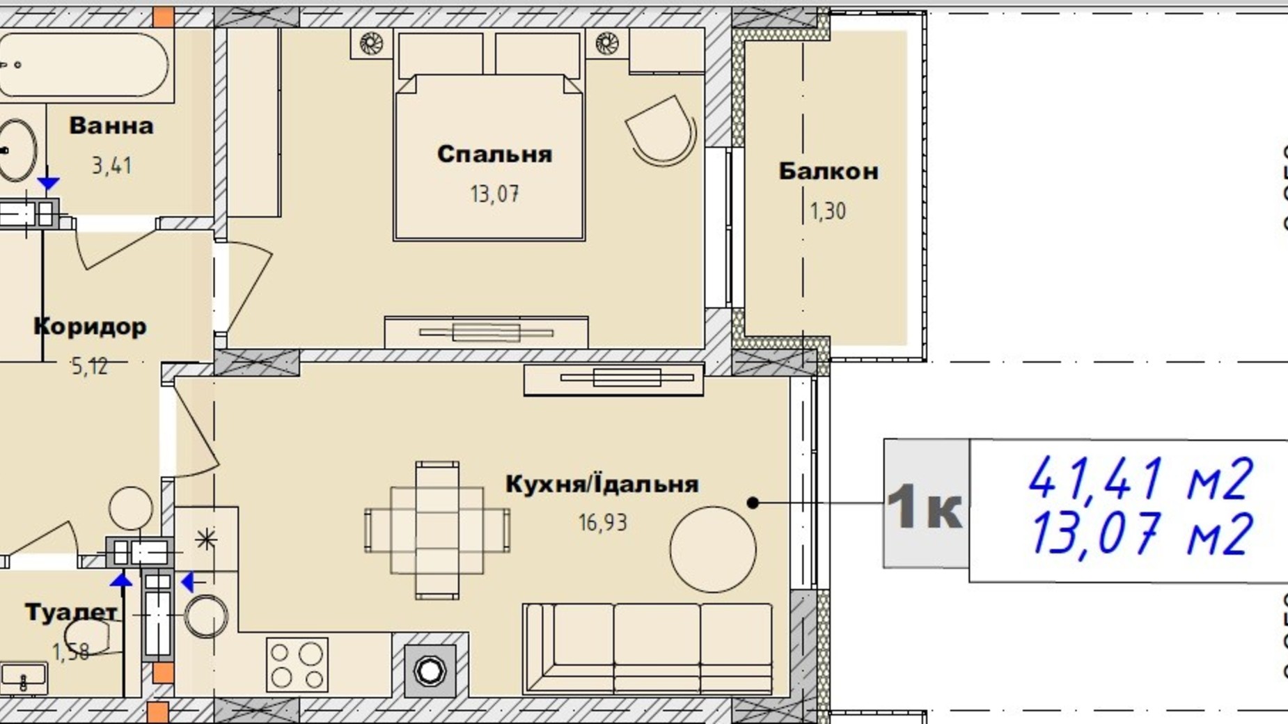 Планування 1-кімнатної квартири в ЖК Art29 41.41 м², фото 607826