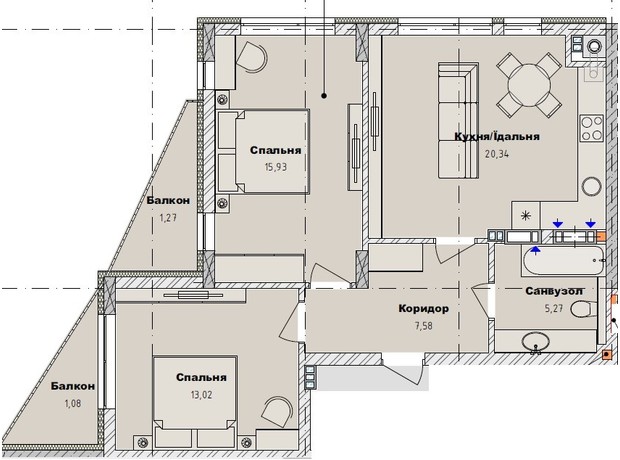 ЖК Art29: планування 2-кімнатної квартири 64.49 м²