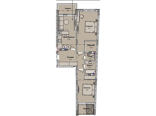 ЖК Art29: планировка 2-комнатной квартиры 67.21 м²