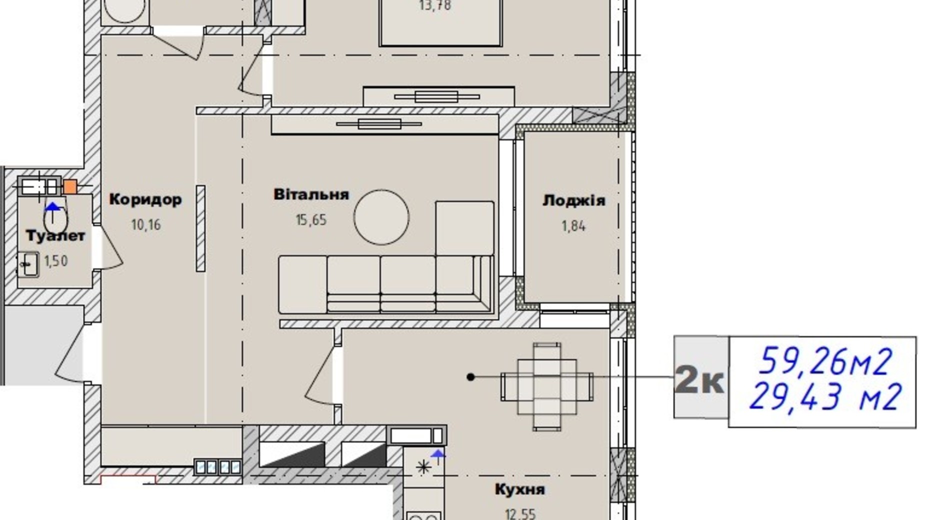 Планування 2-кімнатної квартири в ЖК Art29 59.26 м², фото 607832