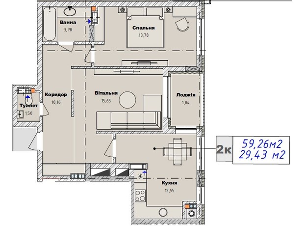 ЖК Art29: планировка 2-комнатной квартиры 59.26 м²