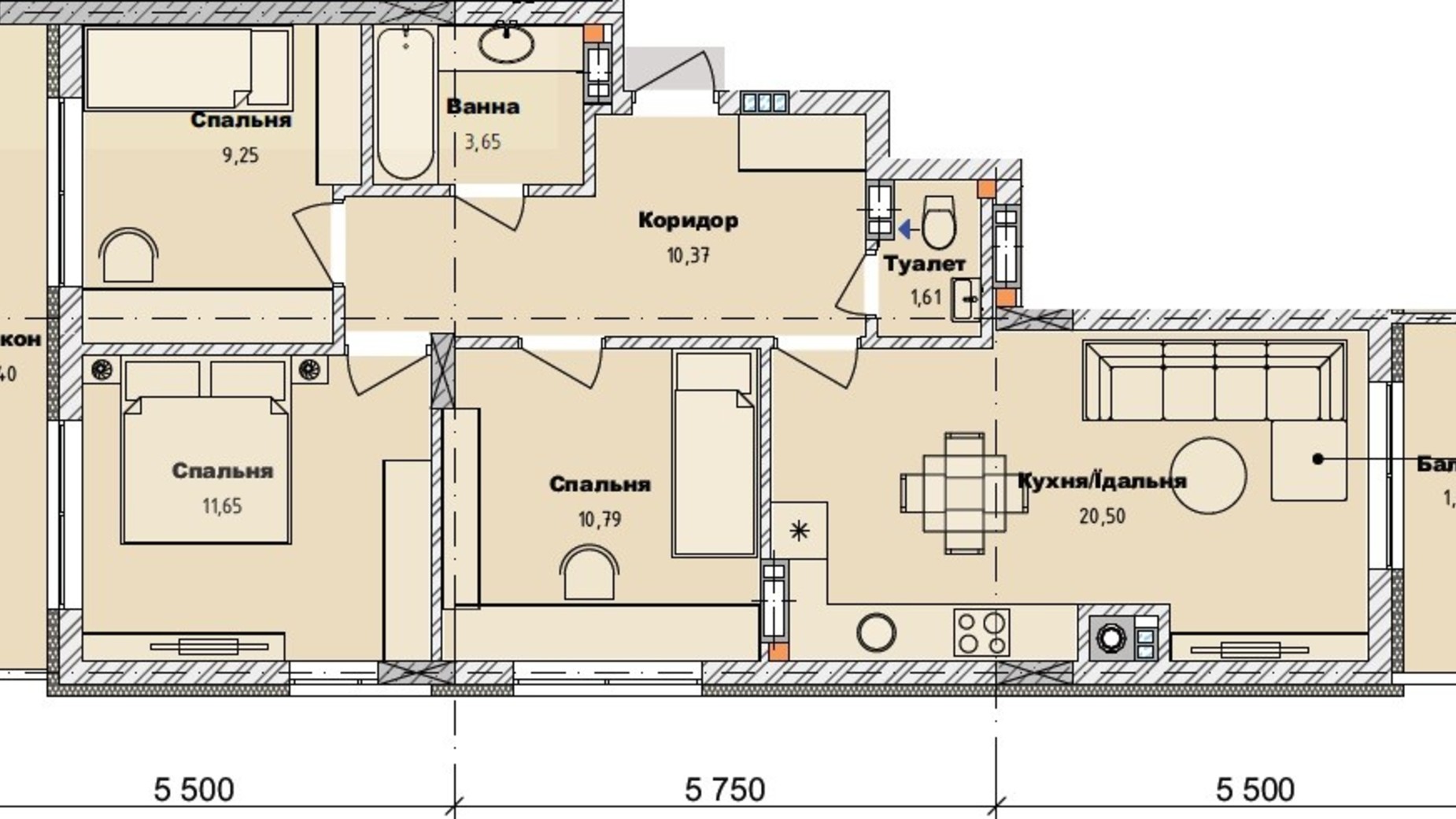 Планировка 3-комнатной квартиры в ЖК Art29 71.51 м², фото 607836