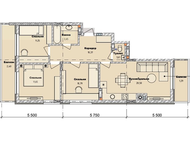 ЖК Art29: планування 3-кімнатної квартири 71.51 м²