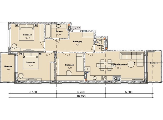 ЖК Art29: планування 3-кімнатної квартири 80.07 м²