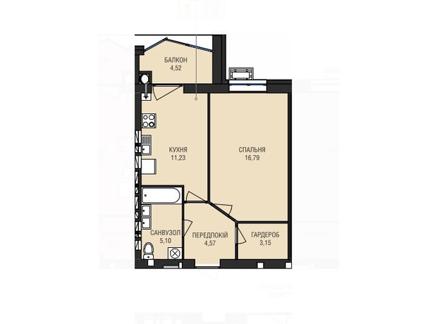 ЖК Аристократ: планировка 1-комнатной квартиры 45.36 м²