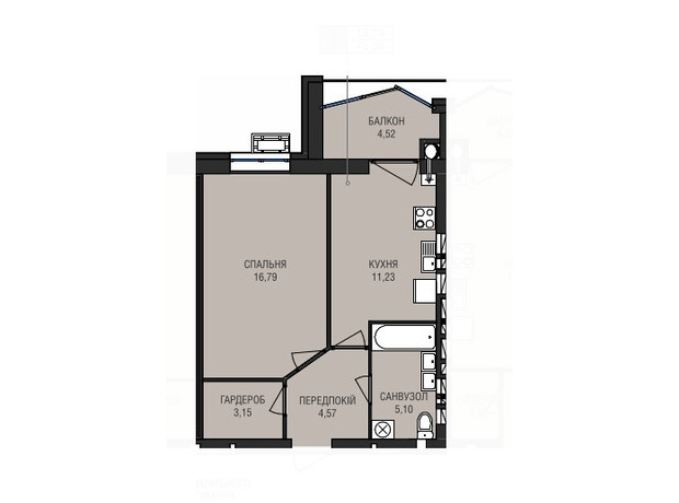 ЖК Аристократ: планування 1-кімнатної квартири 45.36 м²