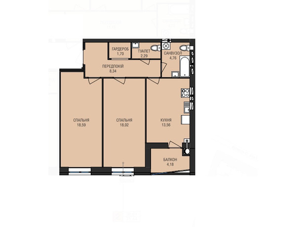 ЖК Аристократ: планування 2-кімнатної квартири 71.44 м²