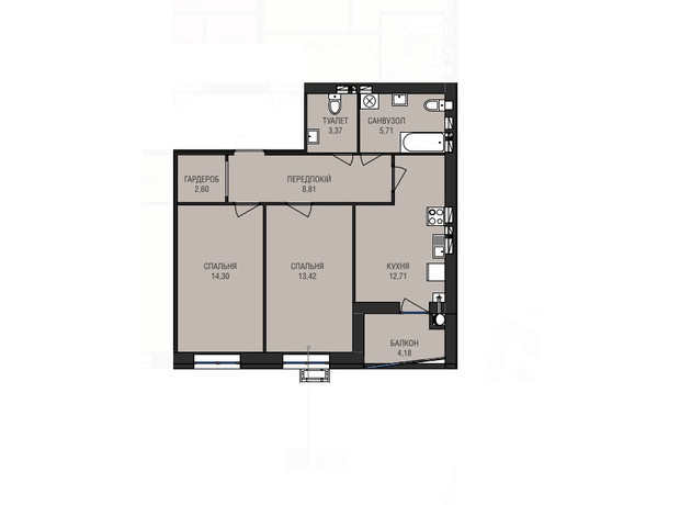 ЖК Аристократ: планування 2-кімнатної квартири 66.1 м²