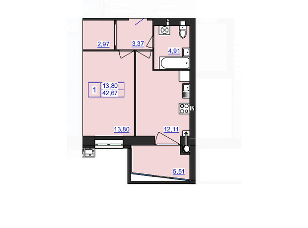 ЖК Аристократ: планування 1-кімнатної квартири 42.67 м²