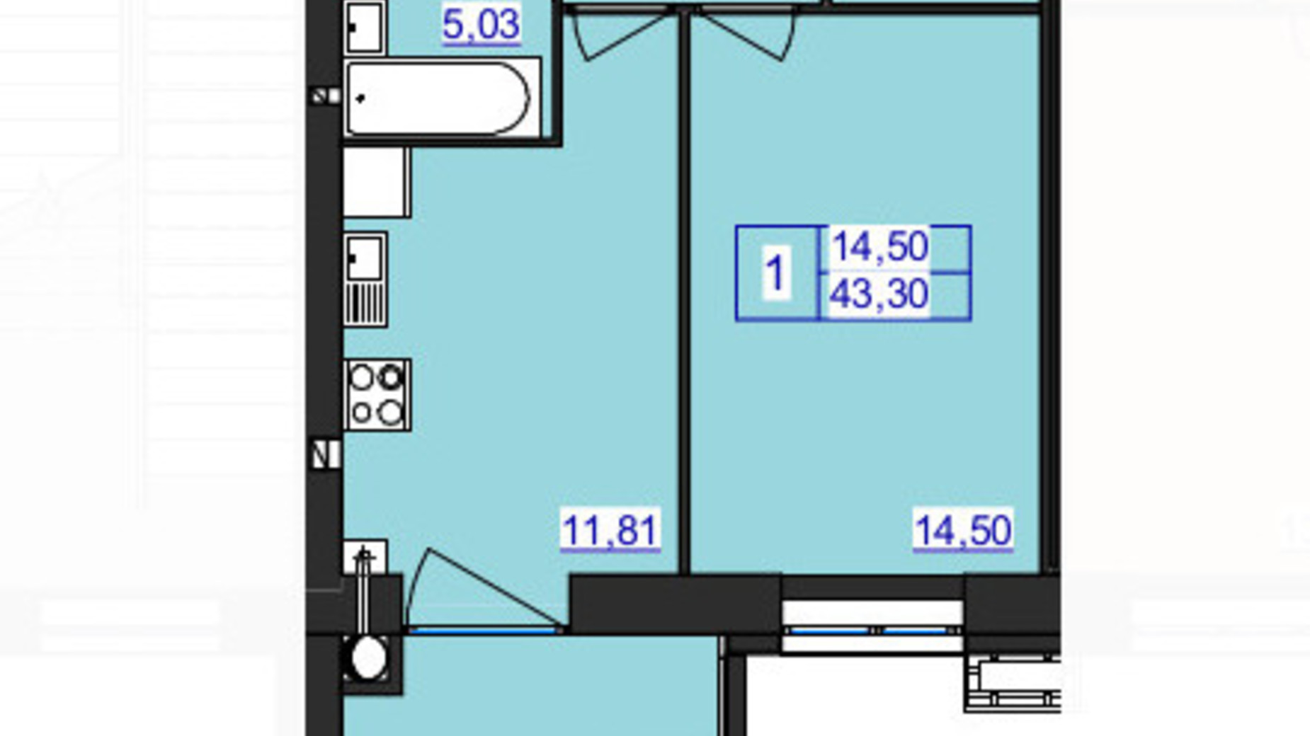 Планировка 1-комнатной квартиры в ЖК Аристократ 43.3 м², фото 607951