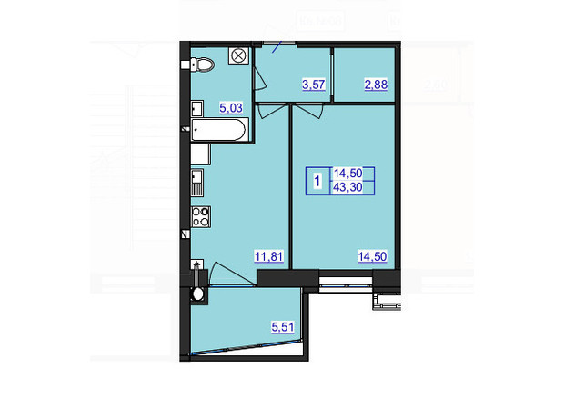 ЖК Аристократ: планування 1-кімнатної квартири 43.3 м²