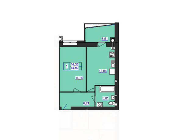 ЖК Аристократ: планировка 1-комнатной квартиры 44.92 м²