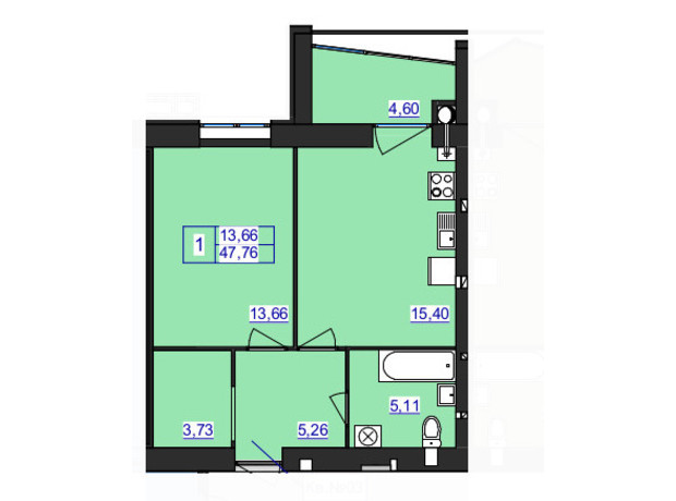 ЖК Аристократ: планування 2-кімнатної квартири 77.35 м²