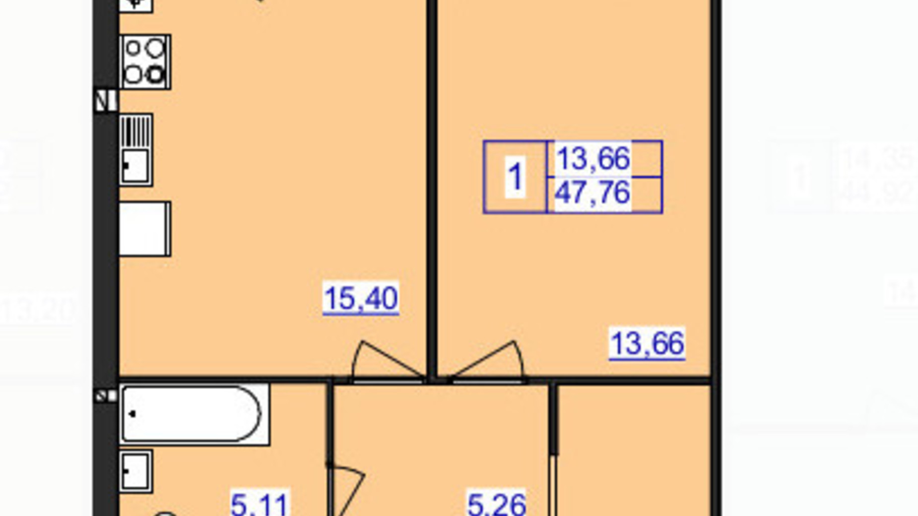 Планировка 1-комнатной квартиры в ЖК Аристократ 47.76 м², фото 607954