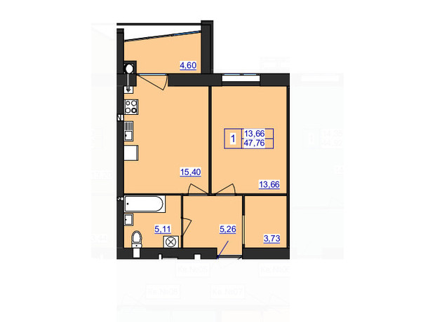 ЖК Аристократ: планування 1-кімнатної квартири 47.76 м²