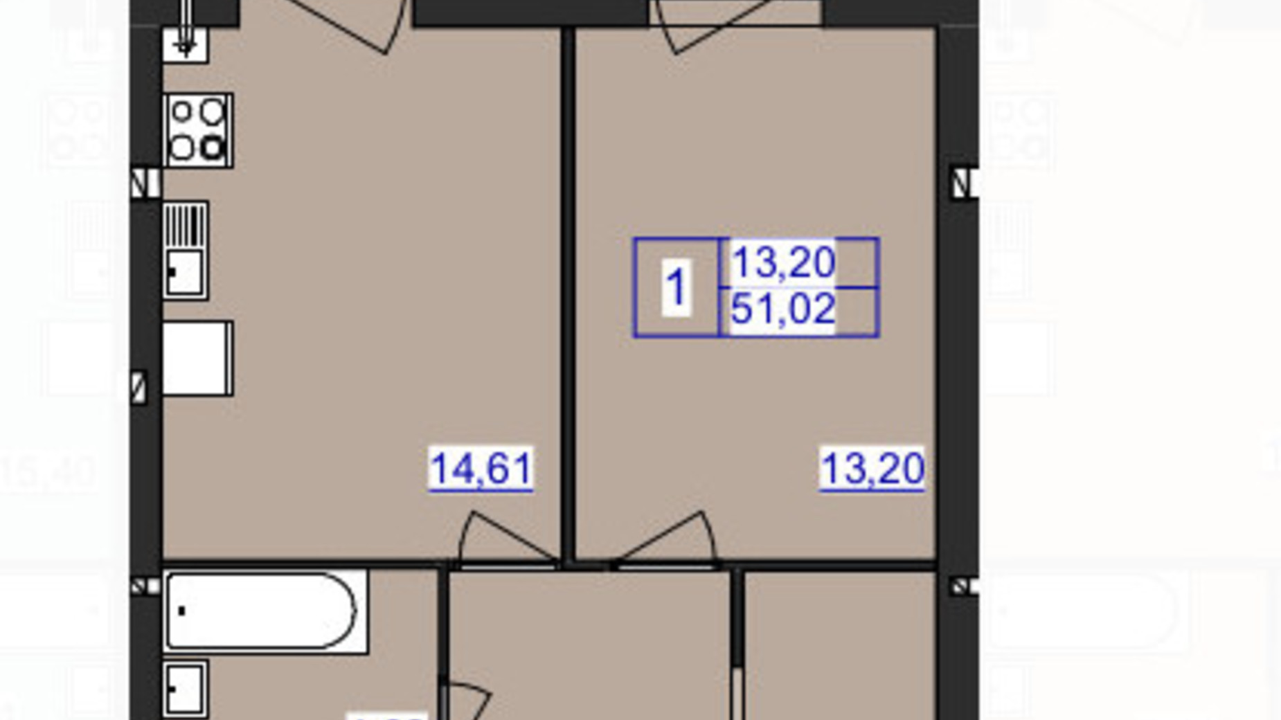 Планировка 1-комнатной квартиры в ЖК Аристократ 51.02 м², фото 607955