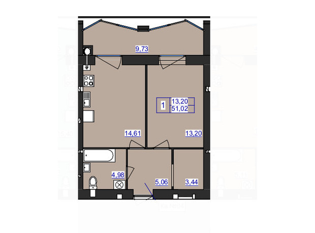 ЖК Аристократ: планування 1-кімнатної квартири 51.02 м²