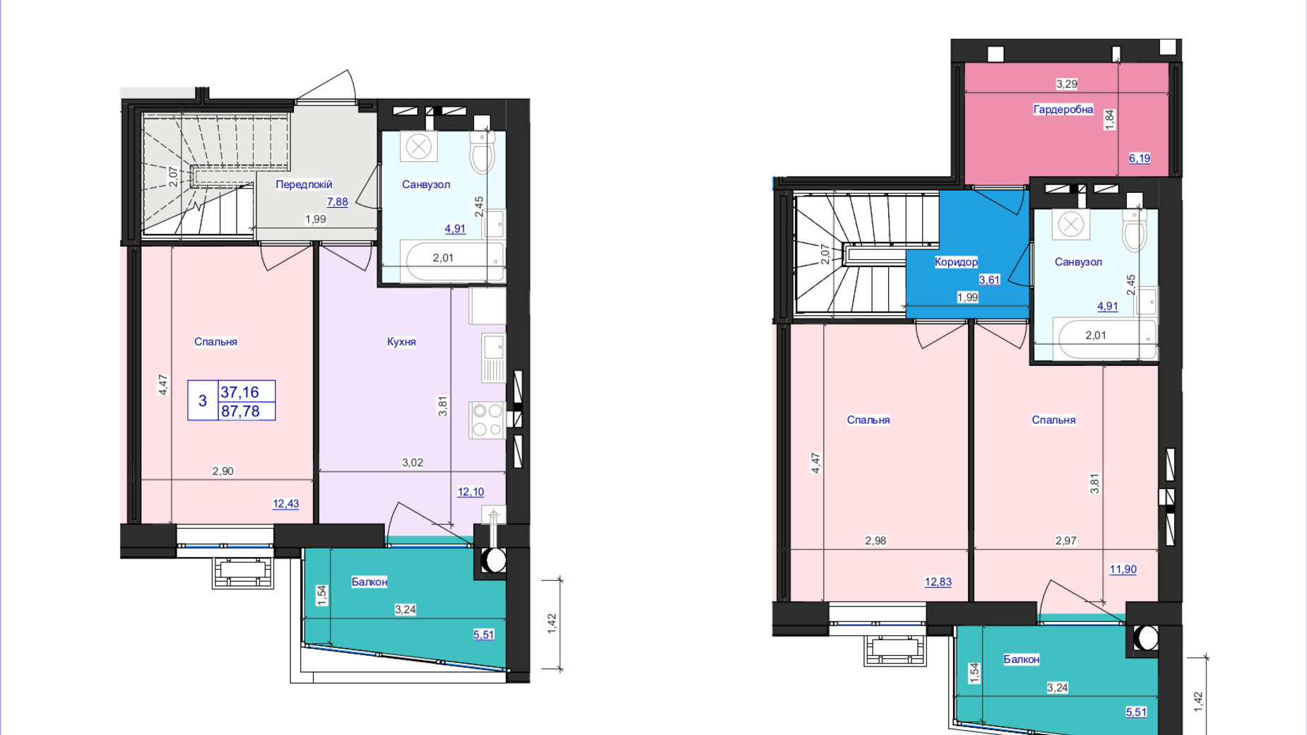 Планування багато­рівневої квартири в ЖК Аристократ 87.78 м², фото 607958