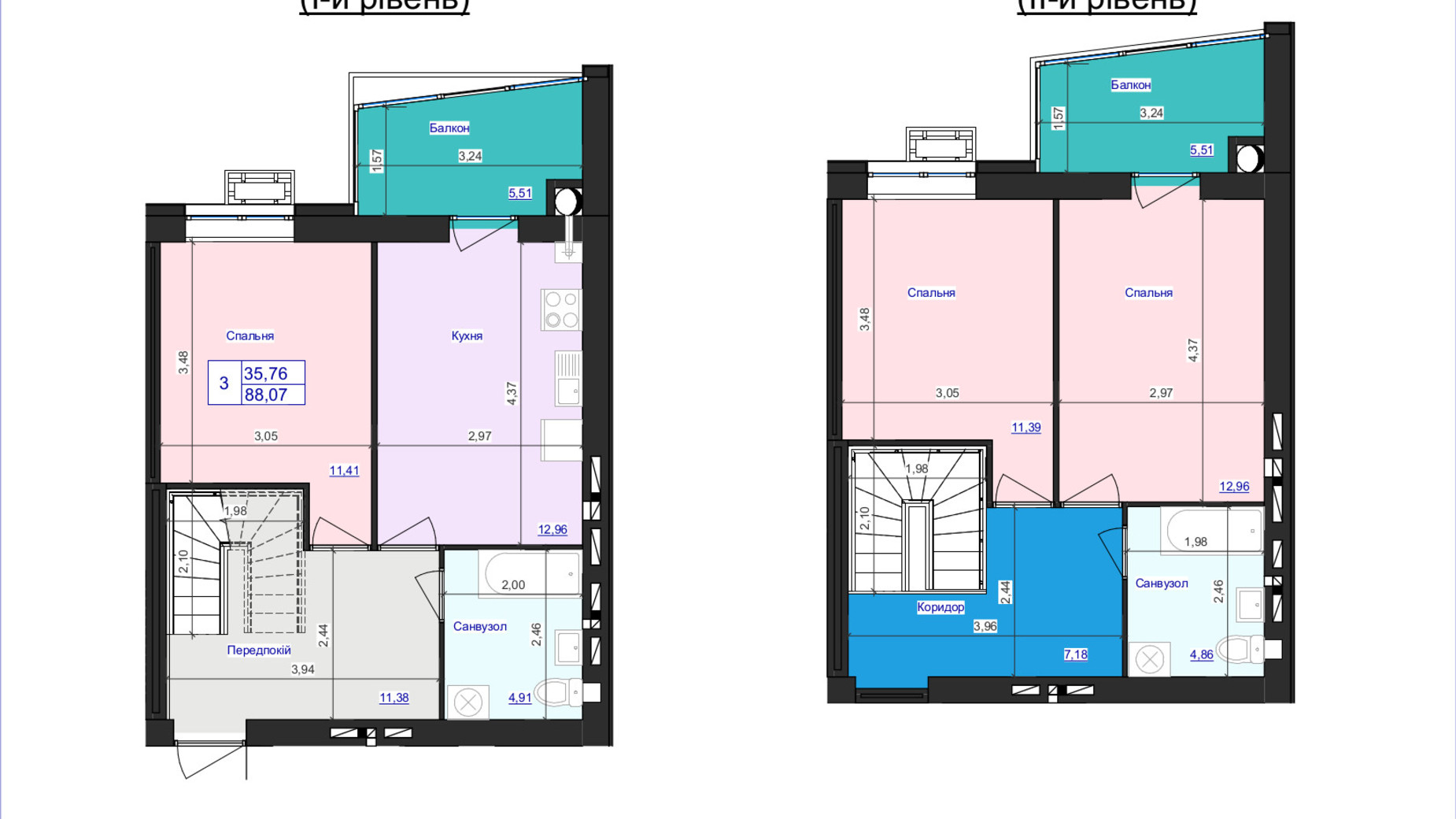 Планування багато­рівневої квартири в ЖК Аристократ 88.07 м², фото 607959