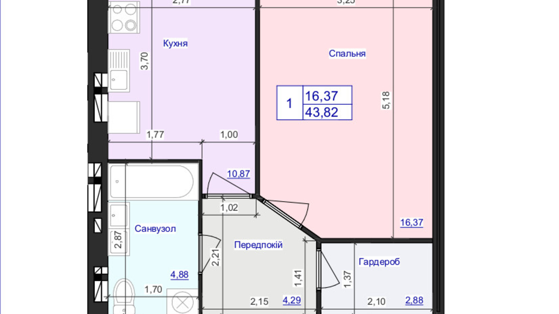 Планування 1-кімнатної квартири в ЖК Аристократ 43.82 м², фото 607980