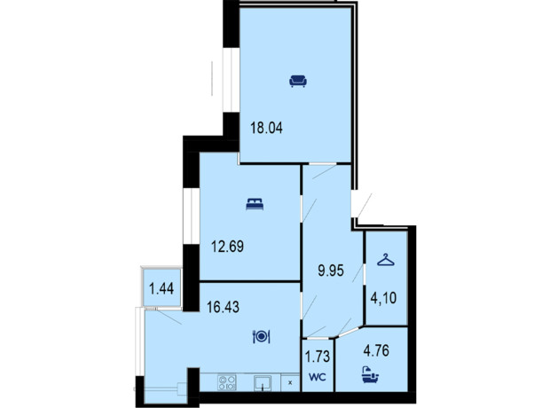 ЖК Семейный Comfort: планировка 2-комнатной квартиры 69.14 м²