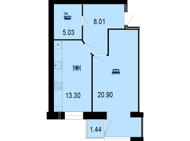 ЖК Сімейний Comfort: планування 1-кімнатної квартири 48.68 м²