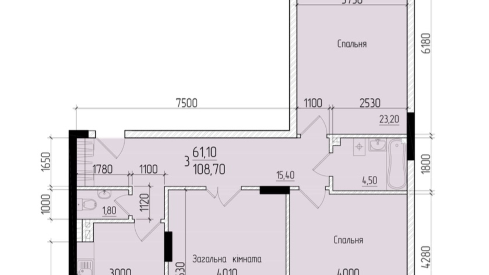 Планування 3-кімнатної квартири в ЖК Comfort Hall 104.8 м², фото 608018