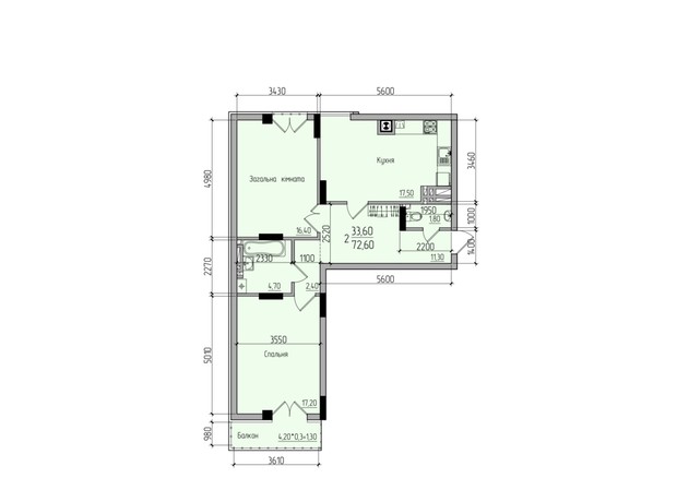 ЖК Comfort Hall: планування 2-кімнатної квартири 72.6 м²