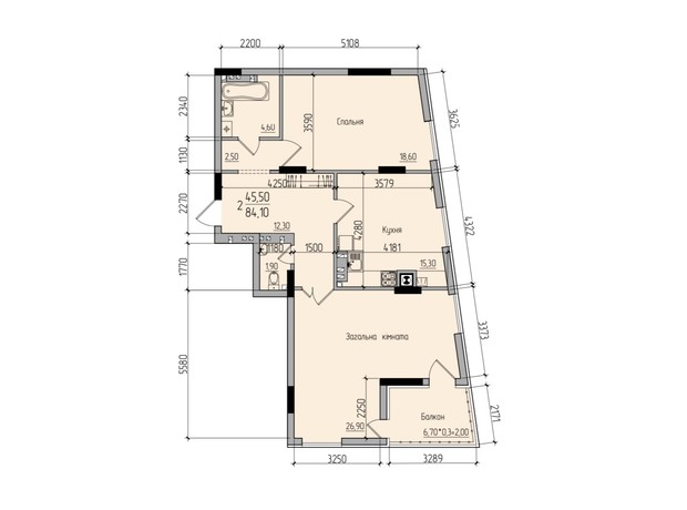 ЖК Comfort Hall: планировка 2-комнатной квартиры 84.1 м²
