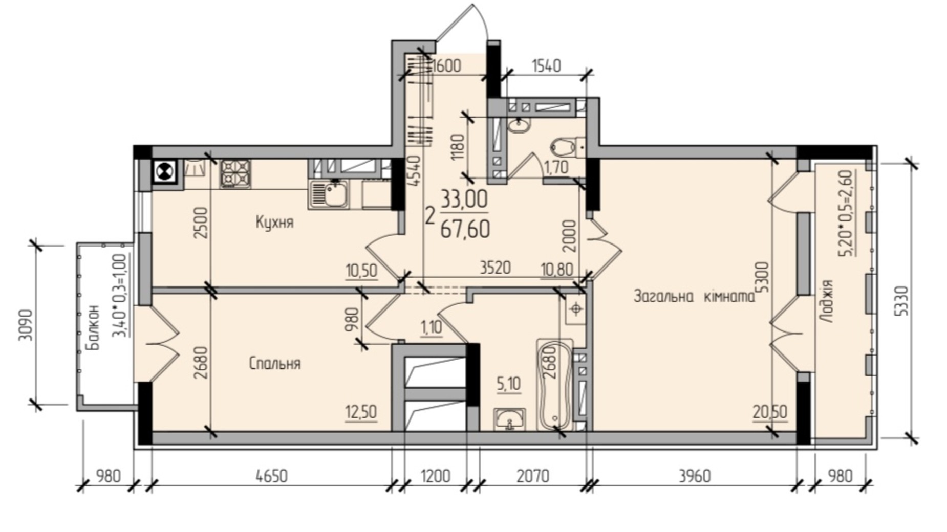 Планування 2-кімнатної квартири в ЖК Comfort Hall 67.6 м², фото 608031