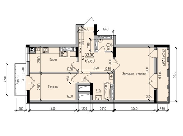 ЖК Comfort Hall: планування 2-кімнатної квартири 67.6 м²