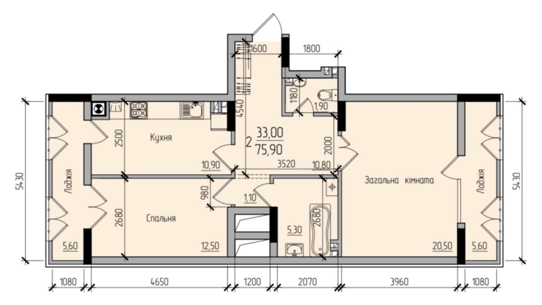 Планування 2-кімнатної квартири в ЖК Comfort Hall 75.9 м², фото 608032