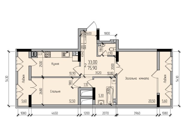 ЖК Comfort Hall: планировка 2-комнатной квартиры 75.9 м²