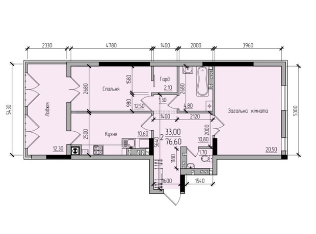 ЖК Comfort Hall: планировка 2-комнатной квартиры 76.6 м²