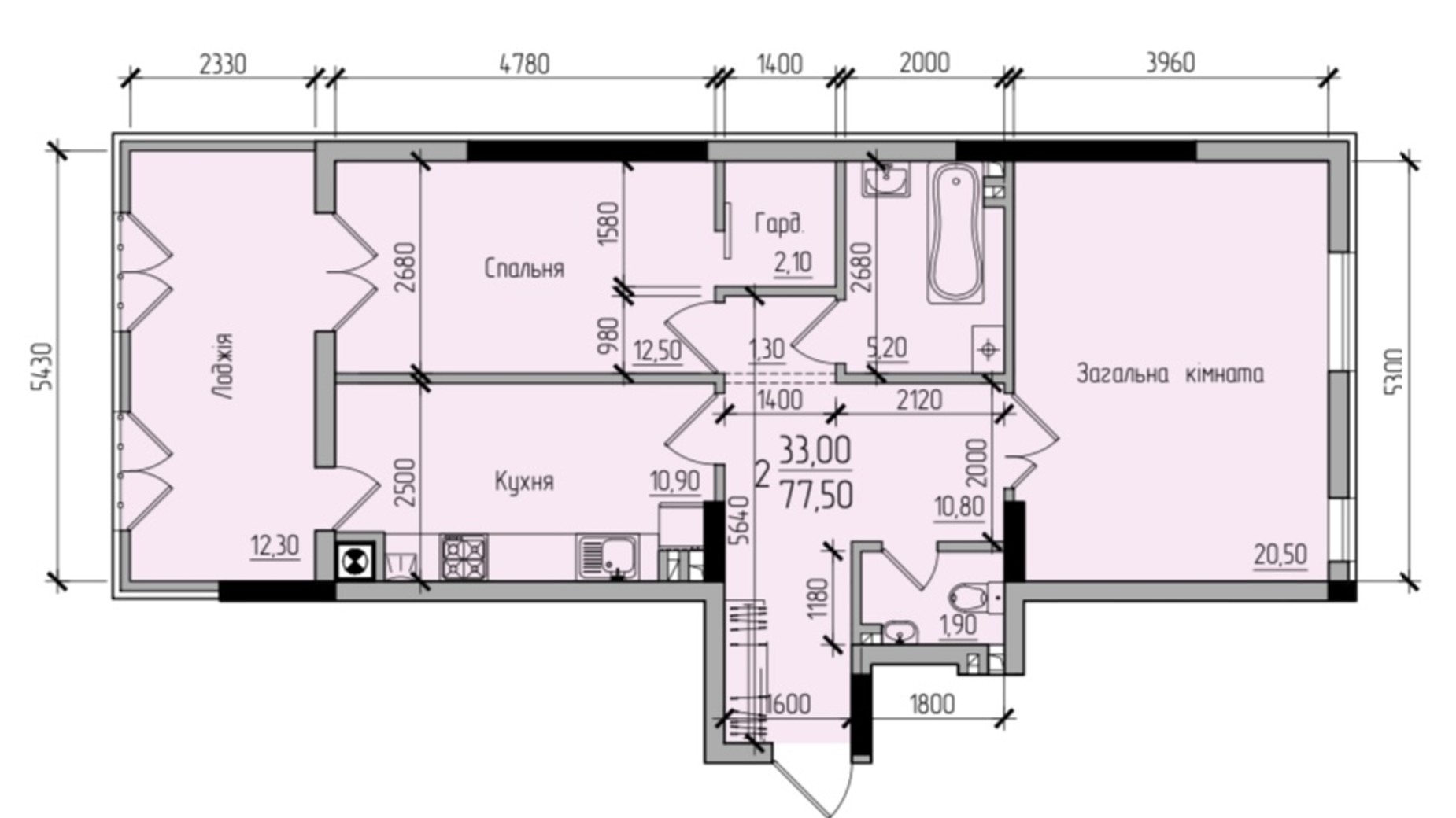 Планування 2-кімнатної квартири в ЖК Comfort Hall 77.5 м², фото 608034