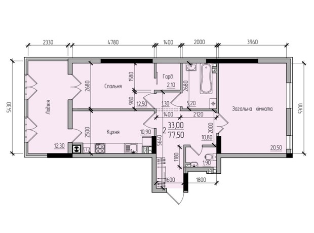 ЖК Comfort Hall: планування 2-кімнатної квартири 77.5 м²