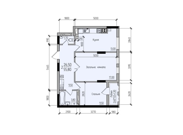 ЖК Comfort Hall: планировка 2-комнатной квартиры 55.8 м²