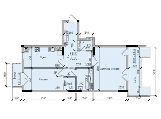 ЖК Comfort Hall: планировка 2-комнатной квартиры 70.5 м²