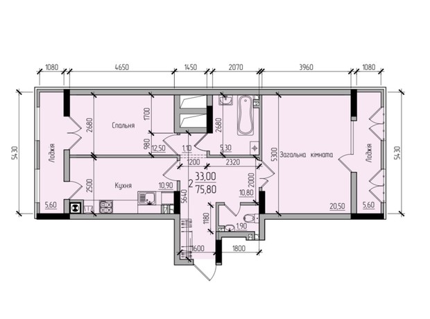 ЖК Comfort Hall: планування 2-кімнатної квартири 75.8 м²