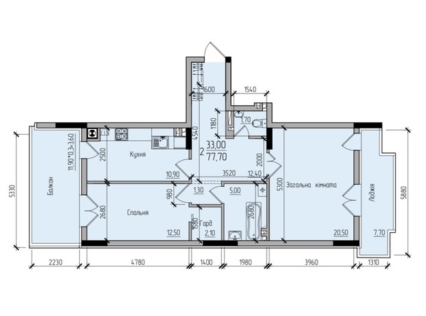 ЖК Comfort Hall: планировка 2-комнатной квартиры 77.7 м²