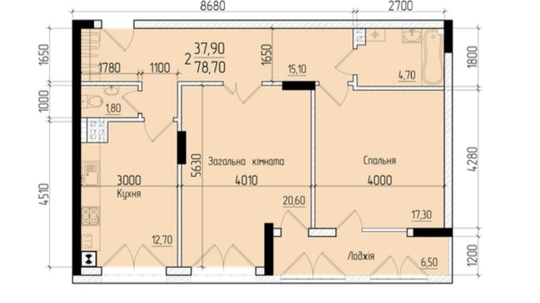 Планування 2-кімнатної квартири в ЖК Comfort Hall 76.1 м², фото 608046