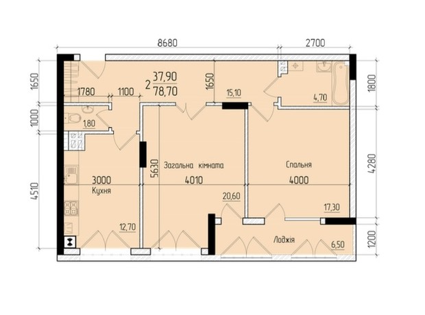 ЖК Comfort Hall: планування 2-кімнатної квартири 76.1 м²