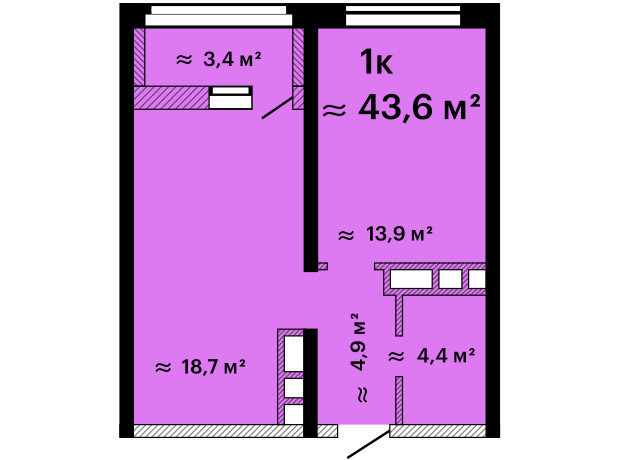 ЖК Альтаир-3: планировка 1-комнатной квартиры 43.6 м²